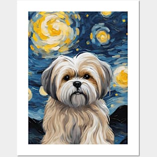 Adorable Lhasa Apso Dog Breed Painting in a Van Gogh Starry Night Art Style Posters and Art